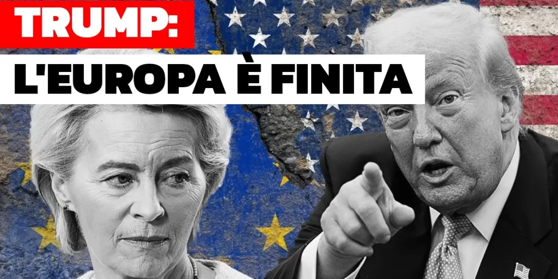 Bandiere dell'Ue e degli USA. Ursula von der Leyen e Donald Trump in primo piano