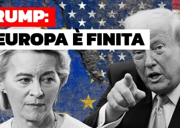 Bandiere dell'Ue e degli USA. Ursula von der Leyen e Donald Trump in primo piano