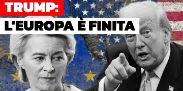 Bandiere dell'Ue e degli USA. Ursula von der Leyen e Donald Trump in primo piano