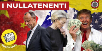Bandiere di Cina, Taiwan e USA . Friedrich Merz e Ursula von der Leyen tristi e Donald Trump con una mazzetta di denaro in mano e felice in primo piano