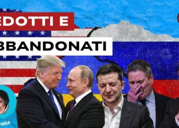 Bandiere di USA e Russia. Donald Trump e Vladimir Putin sorridenti. Volodymyr Zelensky, Keir Starmer e Emmanuel Macron in lacrime in primo piano