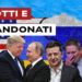 Bandiere di USA e Russia. Donald Trump e Vladimir Putin sorridenti. Volodymyr Zelensky, Keir Starmer e Emmanuel Macron in lacrime in primo piano