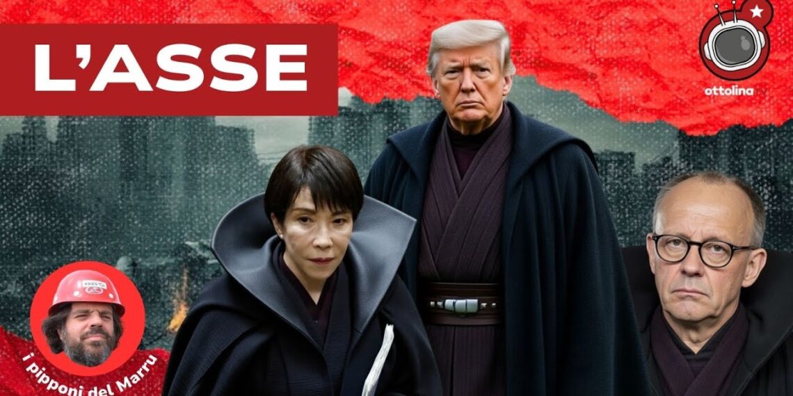 Città crepuscolare. Sanae Takaichi, Donal Trump e Friedrich Merz vestiti con mantelli scuri in primo piano