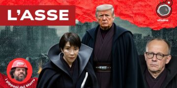 Città crepuscolare. Sanae Takaichi, Donal Trump e Friedrich Merz vestiti con mantelli scuri in primo piano
