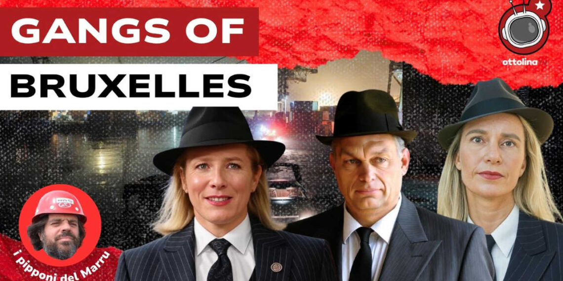 Città notturna. Kaja Kallas, Viktor Orban e Federica Mogherini vestiti da gangster in primo piano