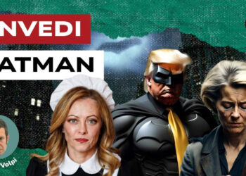 Gotham City. Donald Trump vestito da Batman e Giorgia Meloni vestita da cameriera e Ursula von der Leyen in lacrime in primo piano