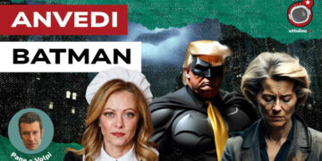 Gotham City. Donald Trump vestito da Batman e Giorgia Meloni vestita da cameriera e Ursula von der Leyen in lacrime in primo piano