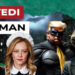 Gotham City. Donald Trump vestito da Batman e Giorgia Meloni vestita da cameriera e Ursula von der Leyen in lacrime in primo piano