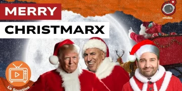 Immagine natalizia. Donald Trump, Guido Crosetto e Stefano Lo Russo vestiti da babbo Natale in primo piano