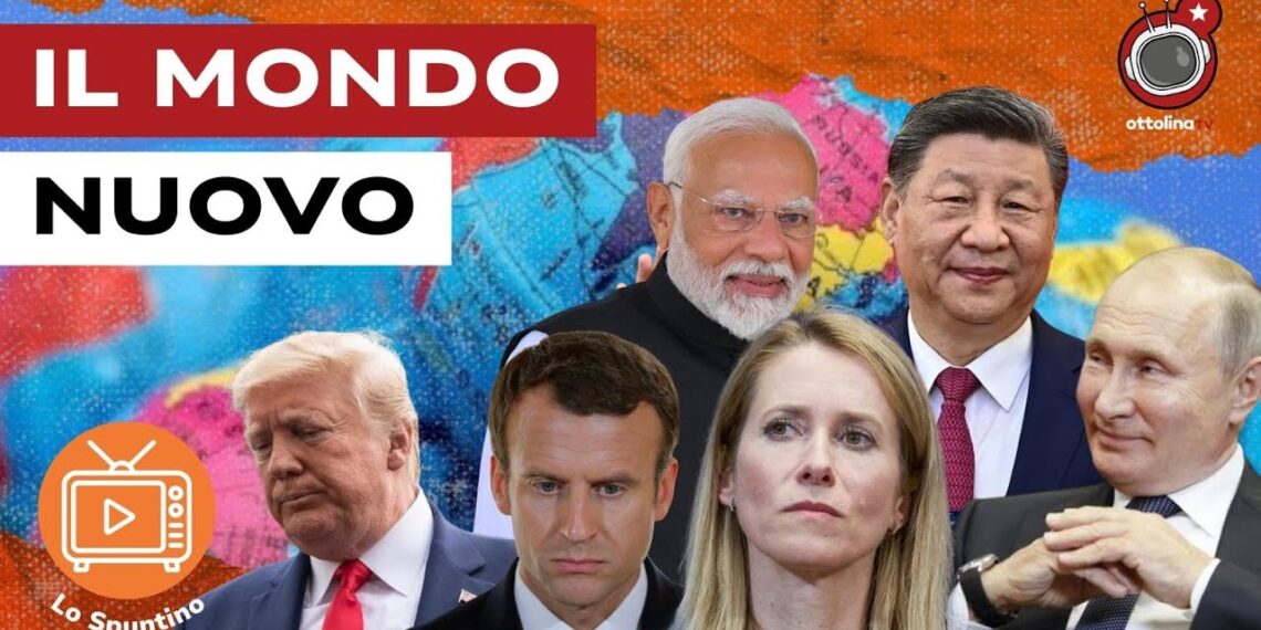 Mappamondo. Donald Trump, Emmanuel Macron, Narendra Modi, Kaja Kallas, Xi Jinping e Vladimir Putin in primo piano