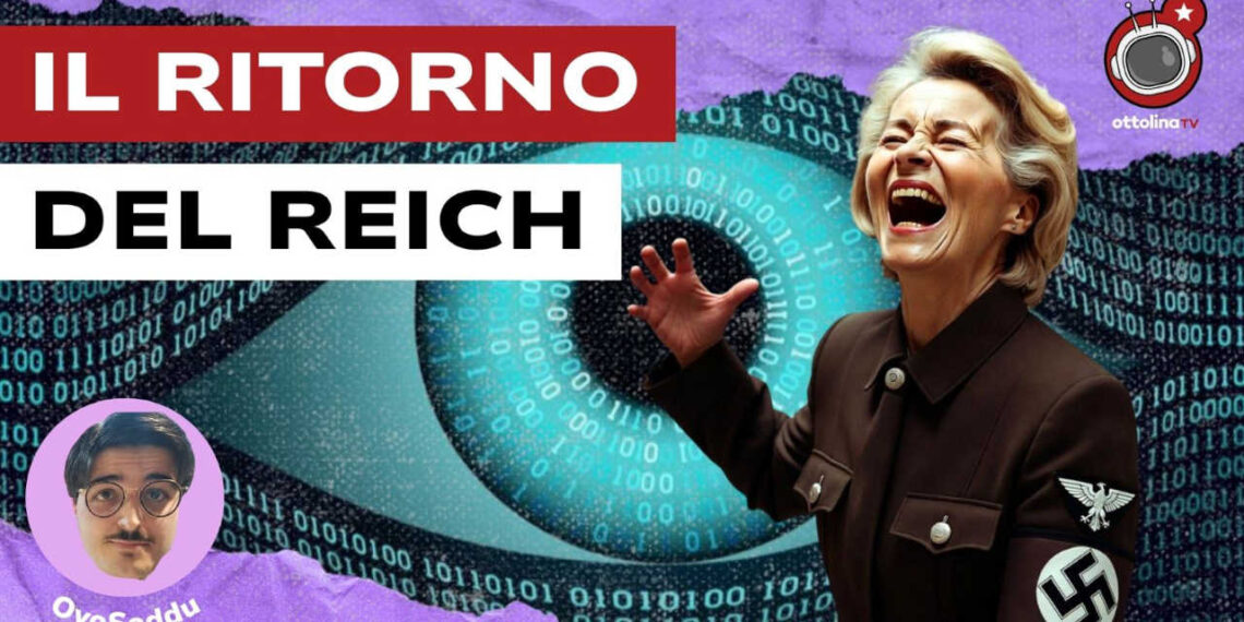 Occhio composto di stringhe digitali. Ursula von der Leyen vestita da soldato nazista in primo piano