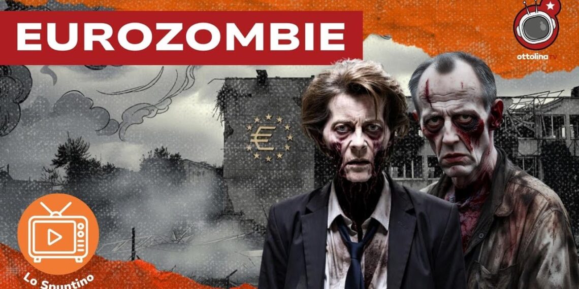Paesaggio europeo apocalittico. Ursula von der Leyen e Friedrich Merz diventati zombie in primo piano