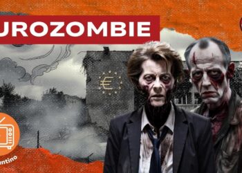 Paesaggio europeo apocalittico. Ursula von der Leyen e Friedrich Merz diventati zombie in primo piano