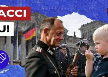 Porta di Brandeburgo. Friedrich Merz con un bambino che gli mostra il dito medio in primo piano