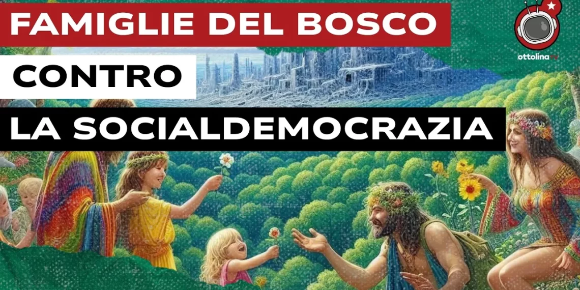Rappresentazione grafica di una famiglia hippie in un paesaggio bucolico