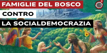 Rappresentazione grafica di una famiglia hippie in un paesaggio bucolico