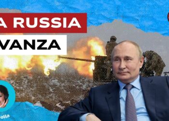 Scenario di guerra con distruzione, carro armato e militari. Vladimir Putin in primo piano