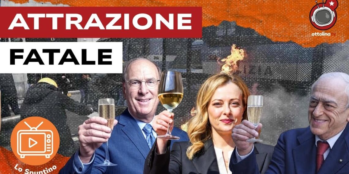 Scontri operai a Genova. Larry Fink, Giorgia Meloni e Francesco Gaetano Caltagirone che brindano in primo piano