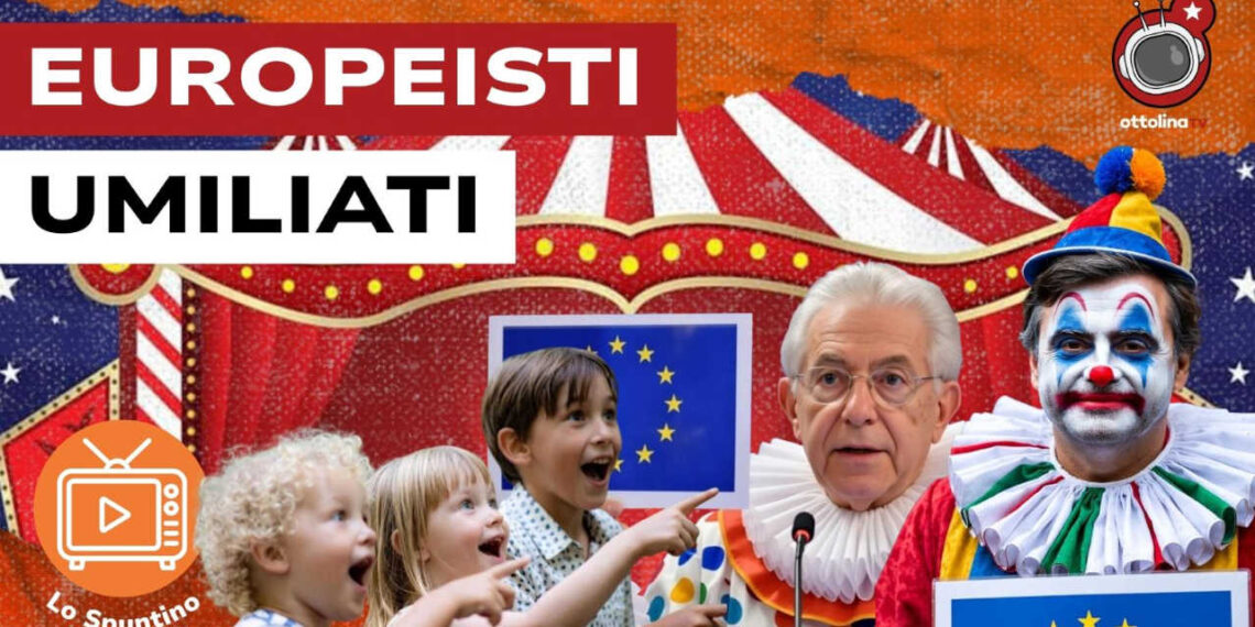Tendone del circo. Bambini scherniscono Mario Monti e Carlo Calenda vestiti da clown in primo piano
