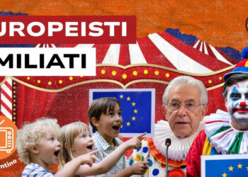 Tendone del circo. Bambini scherniscono Mario Monti e Carlo Calenda vestiti da clown in primo piano