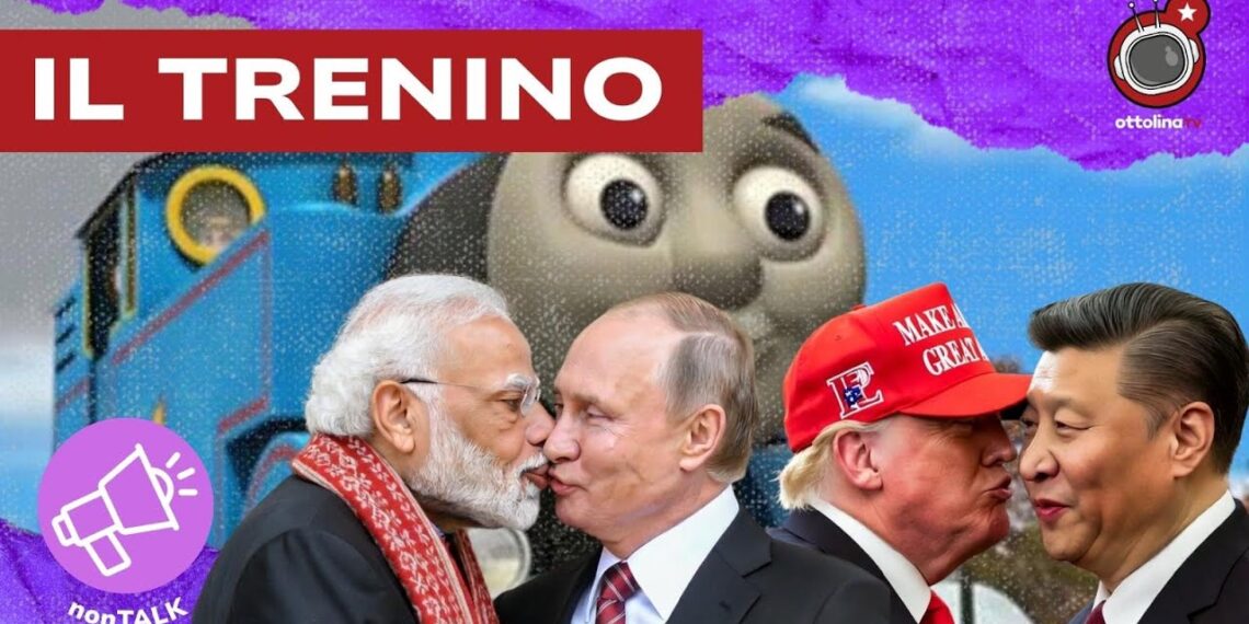 Trenino giocattolo. Narendra Modi bacia Vladimir Putin. Donald Trump bacia Xi Jinping