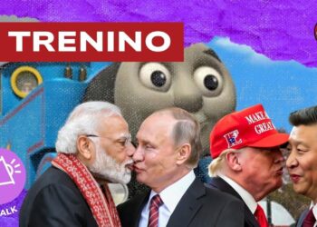 Trenino giocattolo. Narendra Modi bacia Vladimir Putin. Donald Trump bacia Xi Jinping