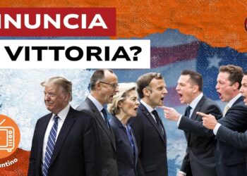 Bandiera USA ricoperta di neve. I governanti europei urlano verso Donald Trump che si allontana sorridendo in primo piano