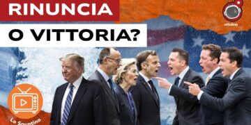 Bandiera USA ricoperta di neve. I governanti europei urlano verso Donald Trump che si allontana sorridendo in primo piano