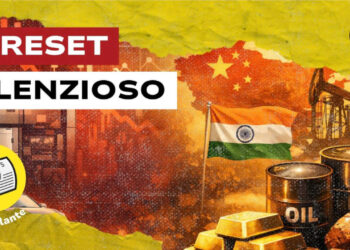 Bandiera della Cina sullo sfondo. Bandiera dell'Iran, pozzi petroliferi e lingotti d'oro in primo piano
