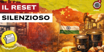 Bandiera della Cina sullo sfondo. Bandiera dell'Iran, pozzi petroliferi e lingotti d'oro in primo piano