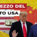 Bandiere USA e cinese con un dollaro sul piatto di una bilancia. Donald Trump e Xi Jinping in primo piano