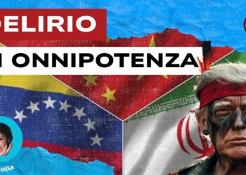 Bandiere di Cina, Venezuela e Iran. Donald Trump truccato da Rambo in primo piano