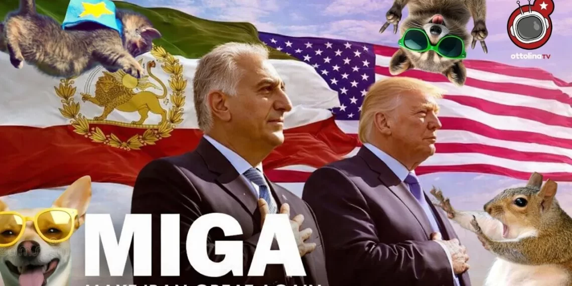 Bandiere di Persia e USA. Reza Ciro Pahlavi e donald Trump in primo piano
