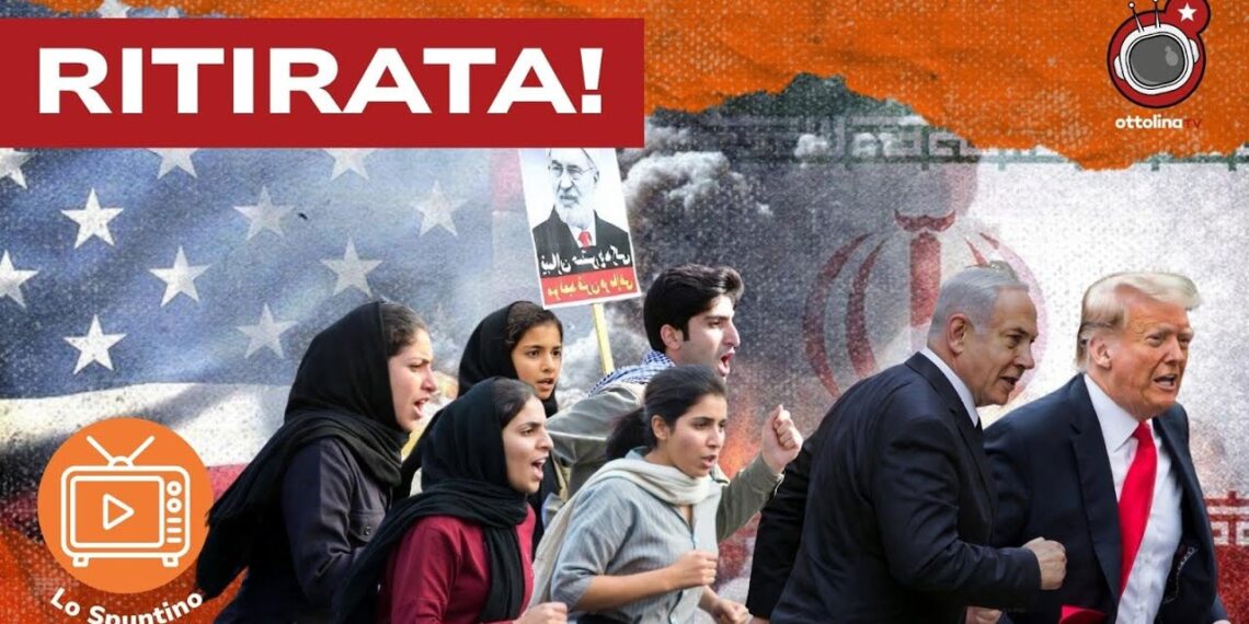 Bandiere di USA e Iran. Un gruppo di iraniani insegue Benjamin Netanhyau e Donald Trump in primo piano