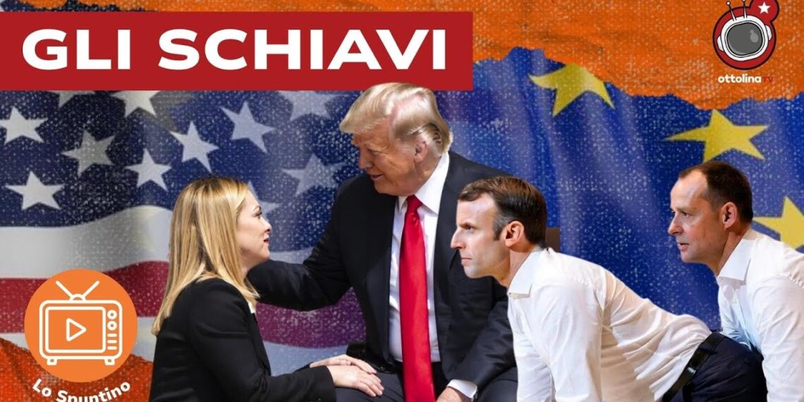 Bandiere di USA e Ue. Giorgia Meloni, Donald Trump e Emmanuel Macron e Friedrich Merz chinati a 90 gradi in primo piano