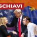 Bandiere di USA e Ue. Giorgia Meloni, Donald Trump e Emmanuel Macron e Friedrich Merz chinati a 90 gradi in primo piano