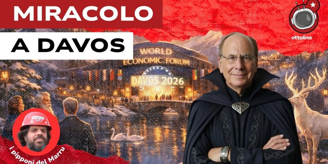 World Economic Forum di Davos immerso in un paesaggio fatato. Larry Fink con un abito scuro da personaggio delle favole in primo piano