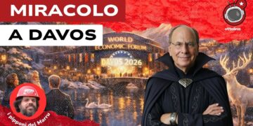World Economic Forum di Davos immerso in un paesaggio fatato. Larry Fink con un abito scuro da personaggio delle favole in primo piano