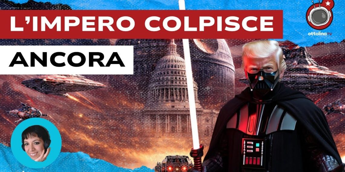 Il Campidoglio USA in un contesto da Guerre Stellari. Donald Trump vestito da Darth Vader in primo piano