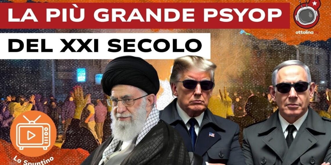 Immagine delle proteste in Iran. Ali Khamenei con Donald Trump e Benjamin Netanhyau vestiti da agenti segreti in primo piano