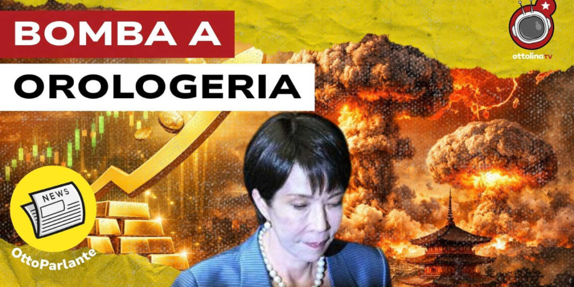 Lingotti d'oro e città giapponese da cui salgono funghi atomici. Sanae Takaichi in primo piano