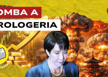 Lingotti d'oro e città giapponese da cui salgono funghi atomici. Sanae Takaichi in primo piano