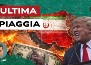 Mappa dell'Iran circondata dal fuoco, che avvolge anche delle banconote in dollari. Donald Trump in primo piano