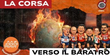 Mappamondo in fiamme. Donald Trump, Vladimir Putin, Xi Jinping, Kim Jong-un, Claudia Sheinbaum e Nicolas Maduro vestiti da corridori in primo piano