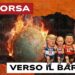 Mappamondo in fiamme. Donald Trump, Vladimir Putin, Xi Jinping, Kim Jong-un, Claudia Sheinbaum e Nicolas Maduro vestiti da corridori in primo piano