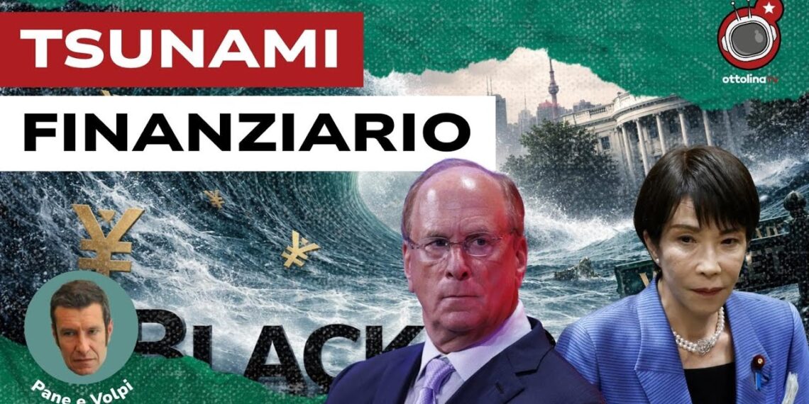 Onda di tsunami con alcuni ideogrammi giapponesi travolge la Casa Bianca. Larry Fink e Sanae Takaichi in primo piano