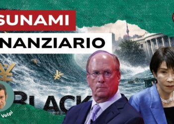 Onda di tsunami con alcuni ideogrammi giapponesi travolge la Casa Bianca. Larry Fink e Sanae Takaichi in primo piano