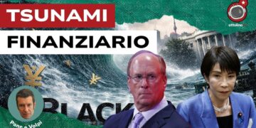 Onda di tsunami con alcuni ideogrammi giapponesi travolge la Casa Bianca. Larry Fink e Sanae Takaichi in primo piano