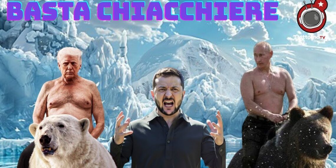 Paesaggio innevato. Donald Trump e Vladimir Putin a petto nudo cavalcano due orsi. Volodymyr Zelensky arrabbiato in primo piano