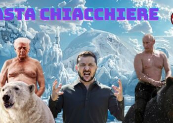 Paesaggio innevato. Donald Trump e Vladimir Putin a petto nudo cavalcano due orsi. Volodymyr Zelensky arrabbiato in primo piano